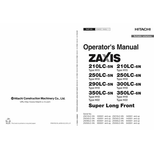 Hitachi 210LC, 250LC, 290LC, 350LC 5N, 6N excavator pdf operator's manual  - Hitachi manuals - HITACHI-ENMDC1NASL11-EN