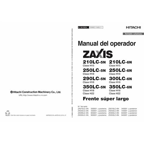 Hitachi 210LC, 250LC, 290LC, 350LC 5N, 6N excavadora pdf manual del operador ES - Hitachi manuales - HITACHI-ESMDC1NASL11-ES