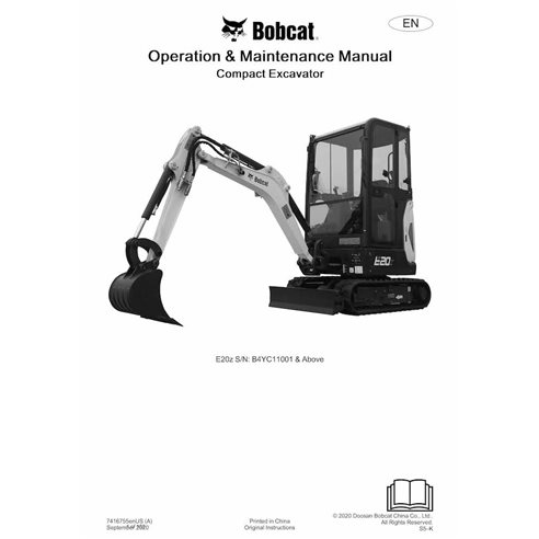 Bobcat E20z compact excavator pdf operation and maintenance manual 