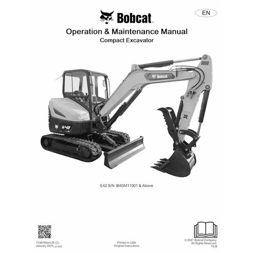 Manuel d'utilisation et d'entretien pdf de la pelle compacte Bobcat E42 - Lynx manuels - BOBCAT-E42-7336765-EN-OM