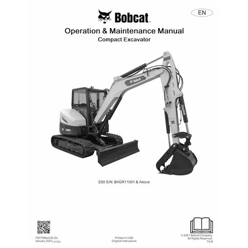 Bobcat E60 compact excavator pdf operation and maintenance manual  - BobCat manuals - BOBCAT-E60-7407586-EN-OM