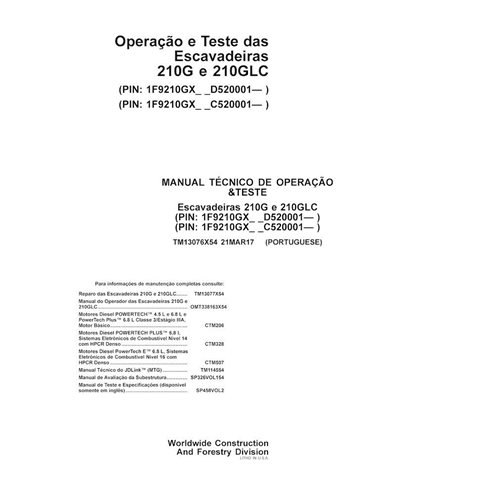 Manual técnico de operação e teste em pdf da escavadeira John Deere 210G, 210GLC PT - John Deere manuais - JD-TM13076X54-PT