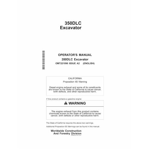 Manual del operador de la excavadora John Deere 350DLC en pdf. - John Deere manuales - JD-OMT221098-EN