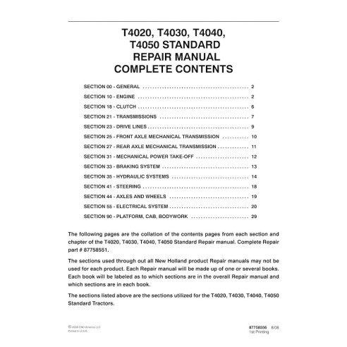 NH-87758551 New Holland T7510, T7520, T7530, T7540, T7550 Manual de reparación de tractores estándar