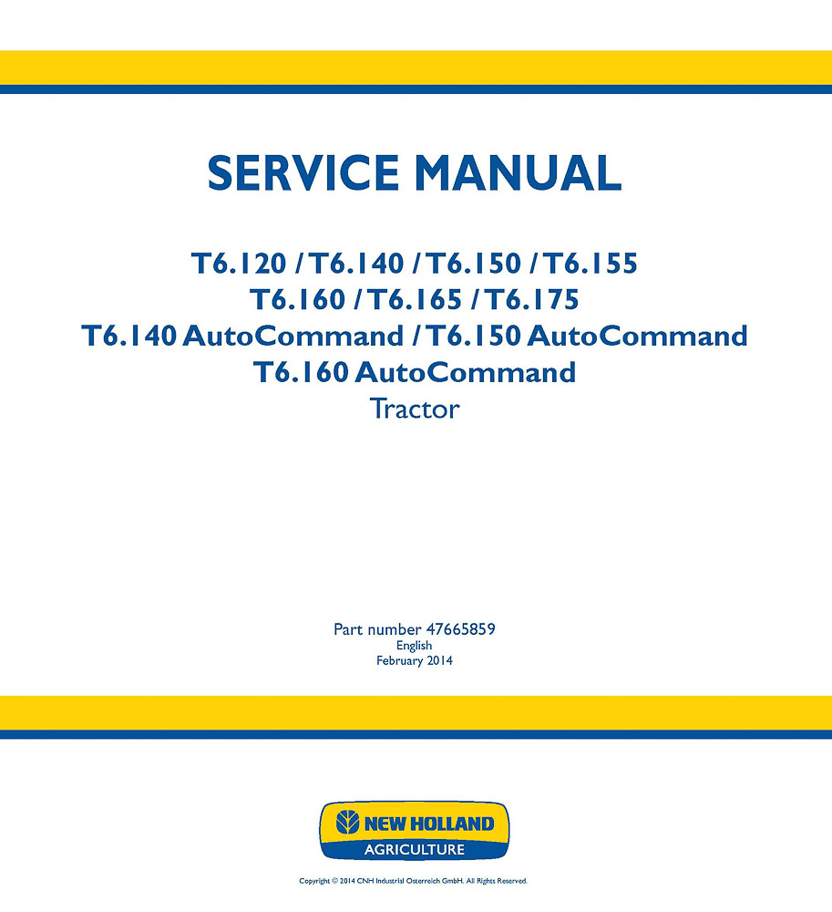 Manual de servicio del tractor New Holland T6.120, T6.140, T6150, T6