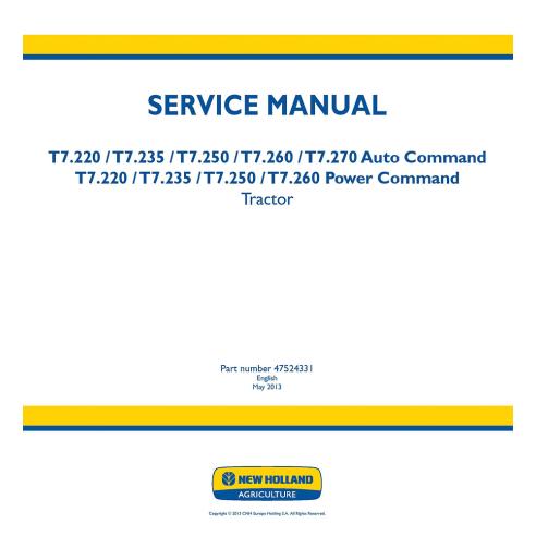 New Holland T7.220, T7.235, T7.250, T7.260, T7.270 tractor service manual - New Holland Agriculture manuals