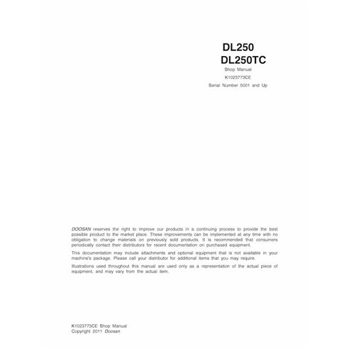 Manual de loja da carregadeira de rodas Doosan DL250, DL250TC - Doosan manuais - DOOSAN-DL250-SHM-EN