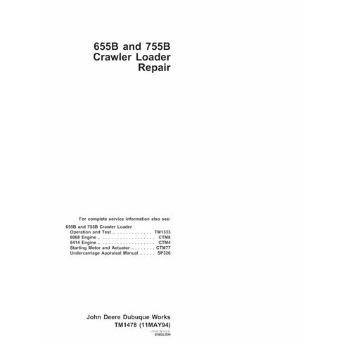 Manual técnico de reparo em pdf da carregadeira de esteira John Deere 655B, 755B - John Deere manuais - JD-TM1478-EN
