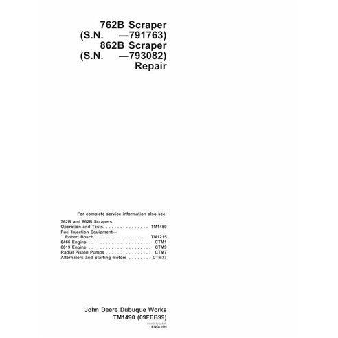 Manual técnico de reparo em pdf do raspador John Deere 762B, 862B - John Deere manuais - JD-TM1490-EN