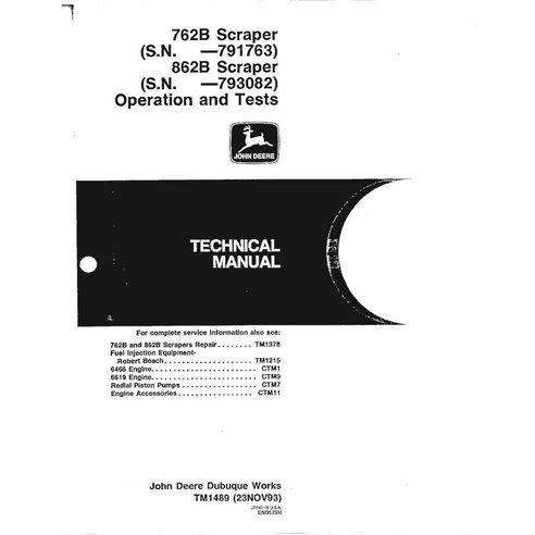 TM1489 John Deere 762B, 862B raspador pdf operação e manual técnico de teste