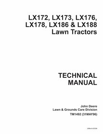 John Deere LX172, LX173, LX176, LX178, LX186, LX188 trator de gramado manual técnico em pdf - John Deere manuais - JD-TM1492-EN