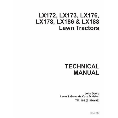 John Deere LX172, LX173, LX176, LX178, LX186, LX188 trator de gramado manual técnico em pdf - John Deere manuais - JD-TM1492-EN