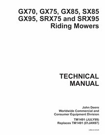 John Deere GX70, GX75, GX85, SX85, GX95, SRX75 e SRX95 cortador de grama manual técnico em pdf - John Deere manuais - JD-TM14...