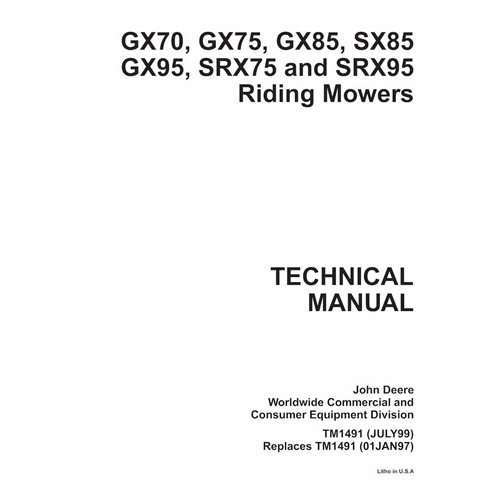 John Deere GX70, GX75, GX85, SX85, GX95, SRX75 e SRX95 cortador de grama manual técnico em pdf - John Deere manuais - JD-TM14...