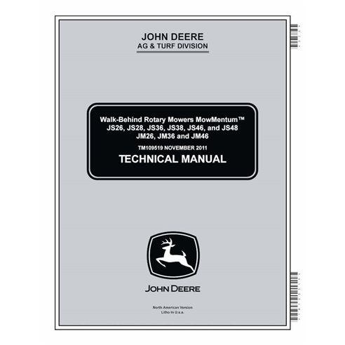 TM109519 Manual técnico dos cortadores de grama John Deere MowMentum JS26, JS28, JS36, JS38, JS46, JS48, JM26, JM36 e JM46 (T...