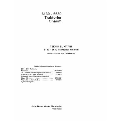Manual técnico de reparo em pdf do trator John Deere 6130, 6230, 6330, 6430, 6530, 6630 TR - John Deere manuais - JD-TM400580-TR