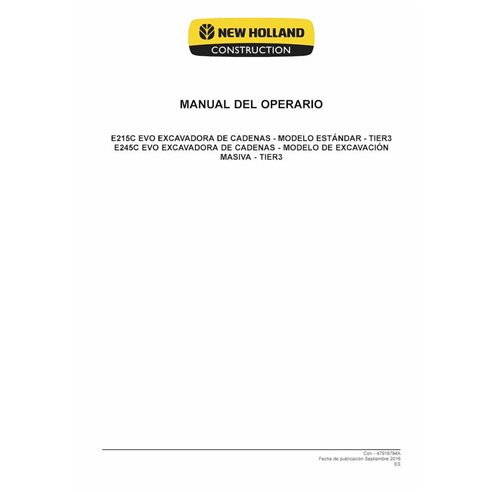 Escavadeira de esteira New Holland E215C EVO, E245C EVO pdf manual do operador ES - New Holland Construção manuais - NH-47916...