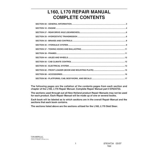 Manual de reparación en pdf del minicargador New Holland L160, L170 - New Holland Construcción manuales - NH-87634733NA-EN