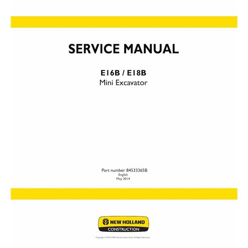 Manuel d'entretien pdf pour mini-pelle New Holland E16B, E18B - New Holland Construction manuels - NH-84533365B-EN