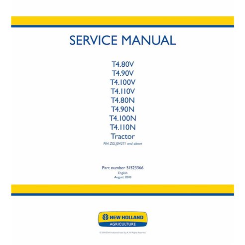 NH-51523366 Manual de servicio en pdf del tractor New Holland T4.80V, T4.90V, T4.100V, T4.110V, T4.80N, T4.90N, T4.100N, T4.110N