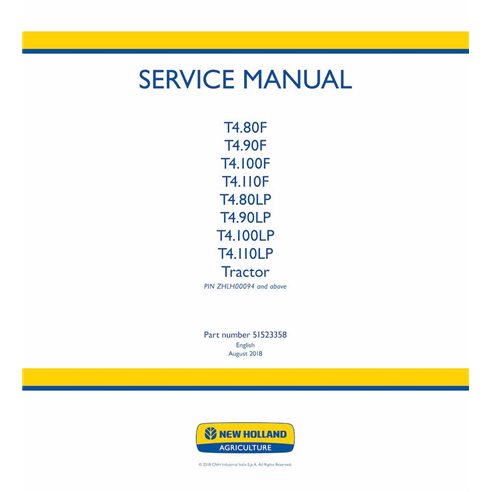 Manual de serviço em pdf do trator New Holland T4.80F, T4.90F, T4.100F, T4.110F, T4.80LP, T4.90LP, T4.100LP, T4.110LP - New H...