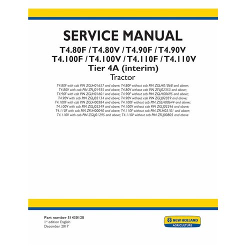 Manual de servicio en pdf del tractor New Holland T4.80F, T4.80V, T4.90, T4.90V, T4.100F, T4.100V, T4.110F, T4.110V - New Hol...