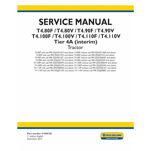 NH-51430128 New Holland T4.80F, T4.80V, T4.90, T4.90V, T4.100F, T4.100V, T4.110F, T4.110V tractor pdf service manual