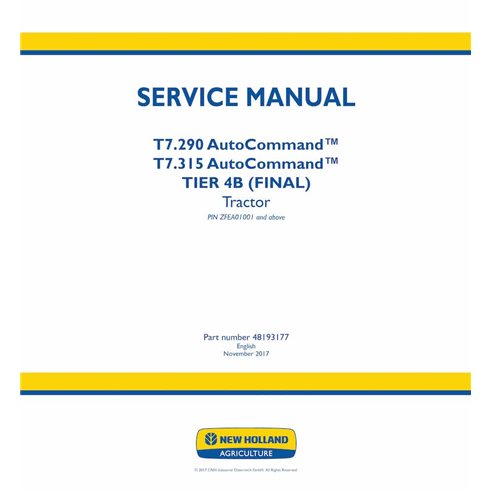 New Holland T7.290, T7.315 AutoCommand TIER 4B tractor pdf service manual  - New Holland Agriculture manuals - NH-48193177-EN