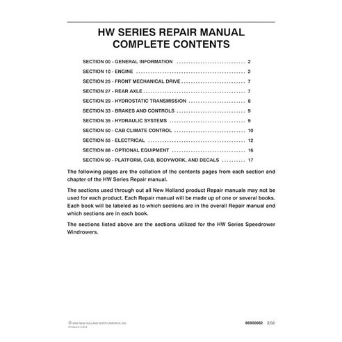Manuel de réparation pdf pour andaineur automoteur New Holland HW300, HW320, HW340 - New Holland Agriculture manuels - NH-866...