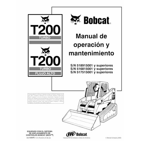 Bobcat T200 cargador compacto de orugas pdf manual de operación y mantenimiento ES - Gato montés manuales - BOBCAT-T200-69013...