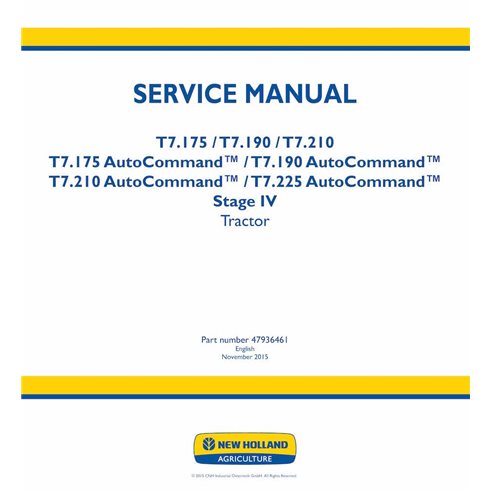 New Holland T7.175, T7.190, T7.210, T7.225 AutoCommand Stage IV tractor pdf service manual  - New Holland Agriculture manuals...