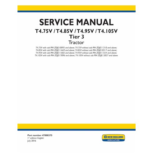 Manual de serviço em pdf do trator New Holland T4.75V, T4.85V, T4.95V, T4.105V Tier 3 - New Holland Agricultura manuais - NH-...