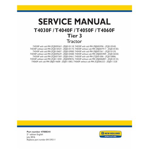 New Holland T4030F, T4040F, T4050F, T4060F Tier 3 tractor pdf service manual  - New Holland Agriculture manuals - NH-47888341-EN