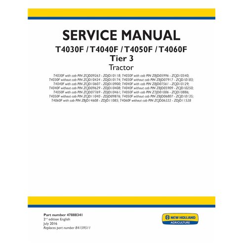 NH-47888341 Manual de serviço em pdf do trator New Holland T4030F, T4040F, T4050F, T4060F Tier 3