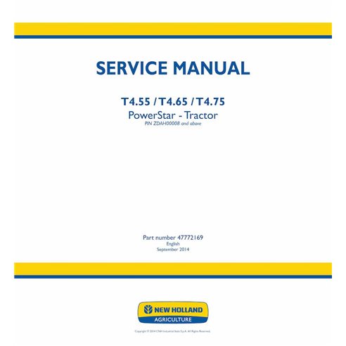 New Holland T4.55, T4.65, T4.75 PowerStar tractor pdf service manual  - New Holland Agriculture manuals - NH-47772169-EN