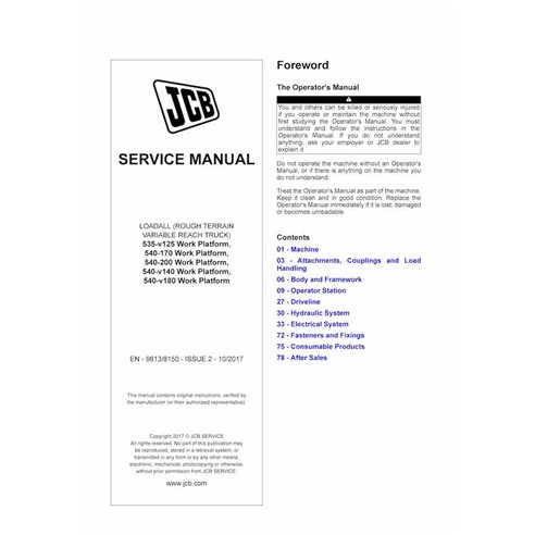 JCB 535-v125, 540-170, 540-200, 540-v140, 540-v180 Work Platform loadall pdf service manual  - JCB manuals - JCB-9813-8150-EN