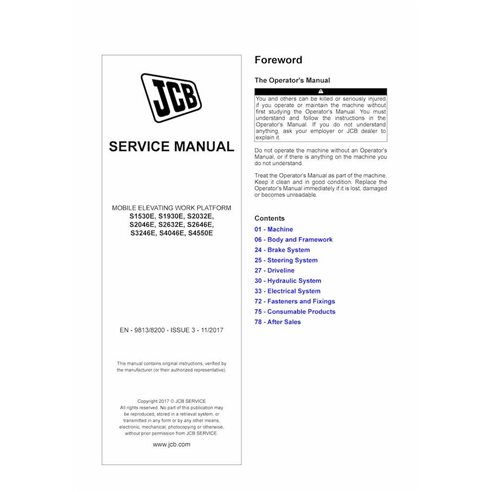 S1530E, S1930E, S2032E, S2046E, S2632E, S2646E, S3246E, S4046E, S4550E Manual de serviço em PDF da plataforma de trabalho - J...