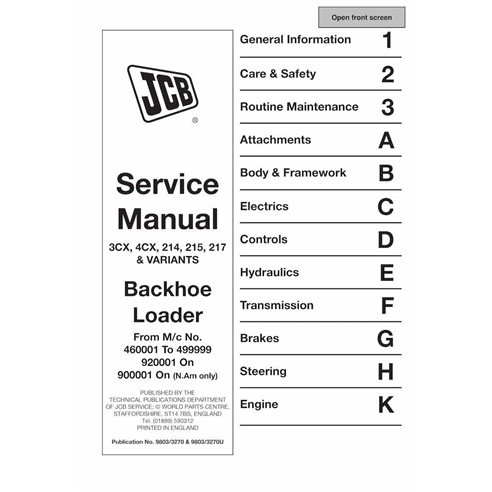 Manuel d'entretien pdf pour tractopelle JCB 3CX, 4CX, 5CX, 214e, 214, 215, 217 - JCB manuels - JCB-9803-3270-EN