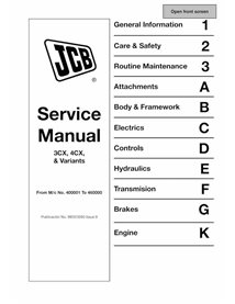 Manuel d'entretien pdf pour chargeuse-pelleteuse JCB 3CX, 4CX - JCB manuels - JCB-9803-3260-9-EN