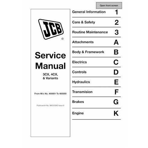 Manuel d'entretien pdf pour chargeuse-pelleteuse JCB 3CX, 4CX - JCB manuels - JCB-9803-3260-9-EN