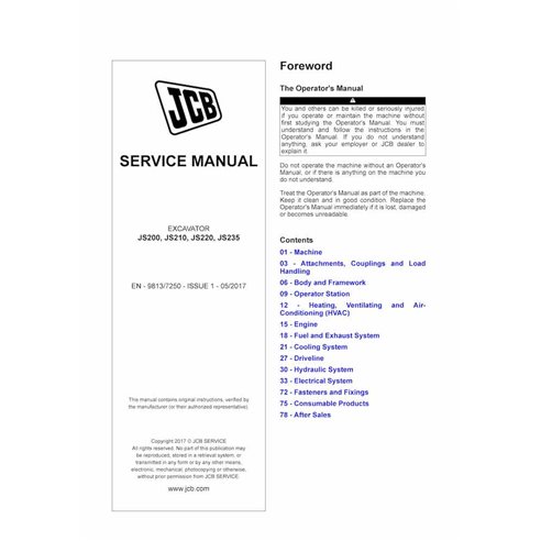 JCB JS200, JS210, JS220, JS235 excavator pdf service manual  - JCB manuals - JCB-9813-7250-1-EN