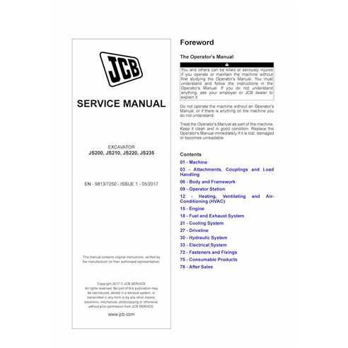 JCB-9813-7250-1 Manuel d'entretien pdf pour excavatrice JCB JS200, JS210, JS220, JS235