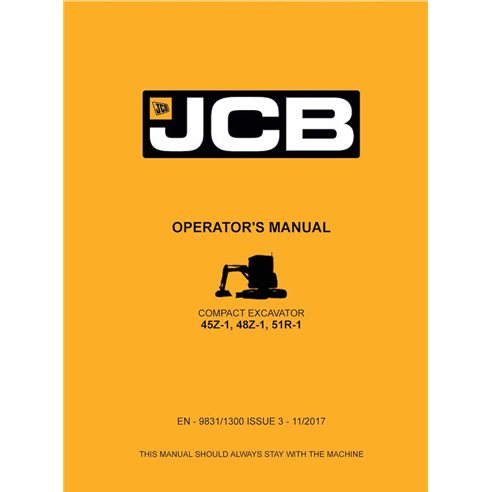 Manual do operador em pdf da escavadeira compacta JCB 45Z-1, 48Z-1, 51R-1 - JCB manuais - JCB- 9831-1300-3-OM-EN