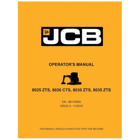 Manual do operador em pdf da miniescavadeira JCB 8025 ZTS, 8026 CTS, 8030 ZTS, 8035 ZTS - JCB manuais - JCB-9811-9950-4-OM-EN