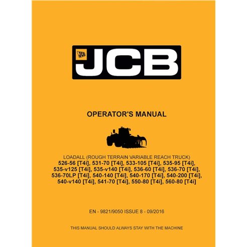JCB 526, 531, 533, 535, 536, 540, 541, 550, 560 loadall manual do operador em pdf - JCB manuais - JCB-9821-9050-8-OM-EN