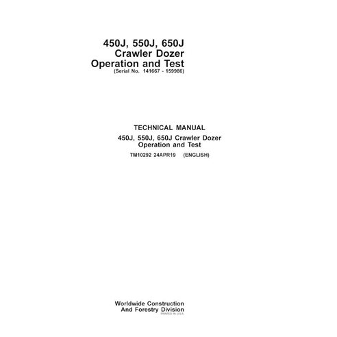 Manuel technique de fonctionnement et d'essai pdf des bouteurs sur chenilles John Deere 450J, 550J, 650J - John Deere manuels...