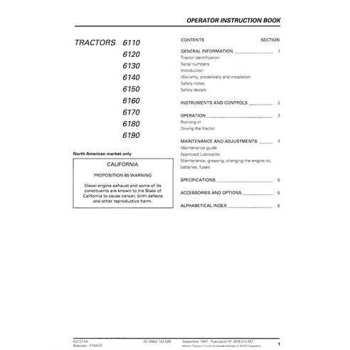 Manuel d'utilisation pdf du tracteur Massey Ferguson 6110, 6120, 6130, 6140, 6150, 6160, 6170, 6180, 6190 - Massey-Ferguson m...