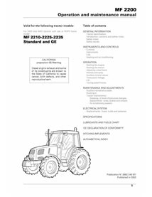 Manual de operação e manutenção do trator Massey Ferguson 2210, 222, 2235 em pdf - Massey Ferguson manuais - MF-3662240M1-OM-EN