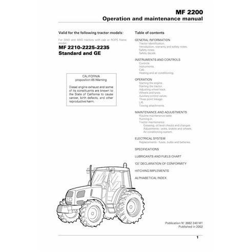 Manual de operação e manutenção do trator Massey Ferguson 2210, 222, 2235 em pdf - Massey Ferguson manuais - MF-3662240M1-OM-EN