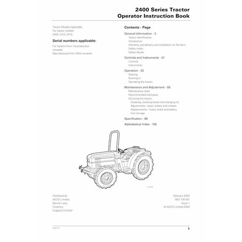 Manual do operador em pdf do trator Massey Ferguson 2405, 2410, 2415 - Massey Ferguson manuais - MF-1857476M1-OM-EN